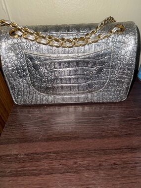 Silver Croc-Embossed Chain Shoulder Bag